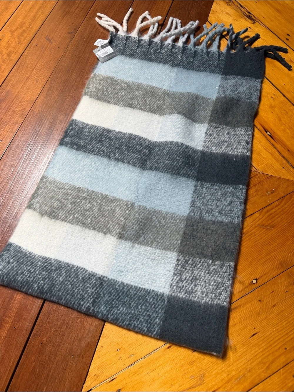 Eddie Bauer Light Blue, Gray & Charcoal Plaid Fringe Scarf